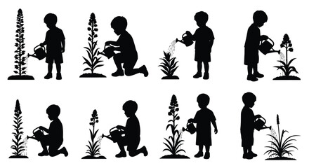 Obraz premium Children watering plants a series of silhouettes depicting growth and nurturing