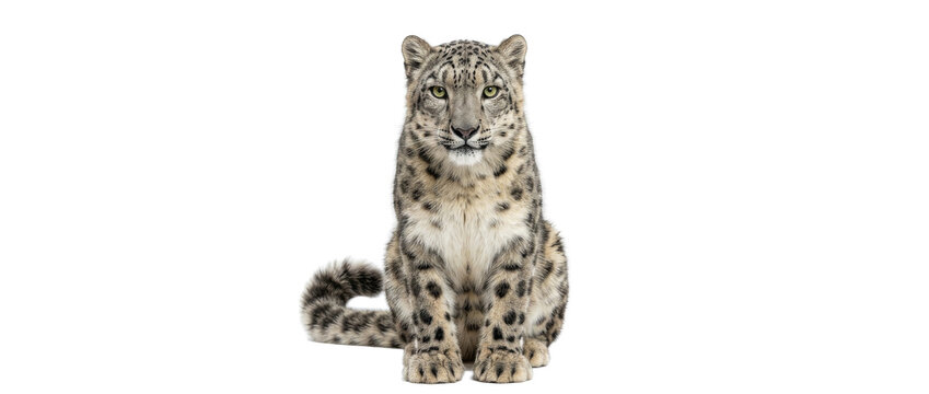 Snow leopard sitting elegantly on white background