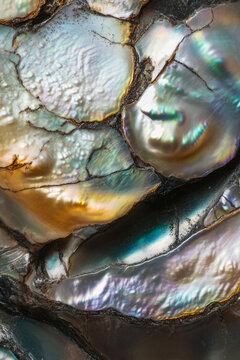 A close-up view of an abalone shell pattern, suitable for use in design or editorial contexts. vertical frame