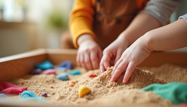 Child therapy session uses sensory box with sand, toys for tactile stimulation. Hands explore textures, develop motor skills, perception. Occupational therapy aids special needs children, adults.