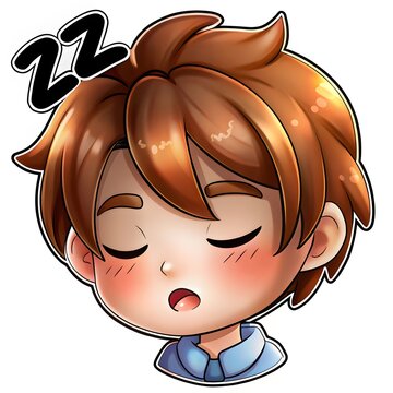 Sleepy chibi boy head with closed eyes and flushed cheeks, illustrated in a soft cartoon style conveying restfulness and calm nighttime emotion
