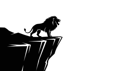 Majestic lion roaring atop a rugged cliff in a striking silhouette. © Ervan