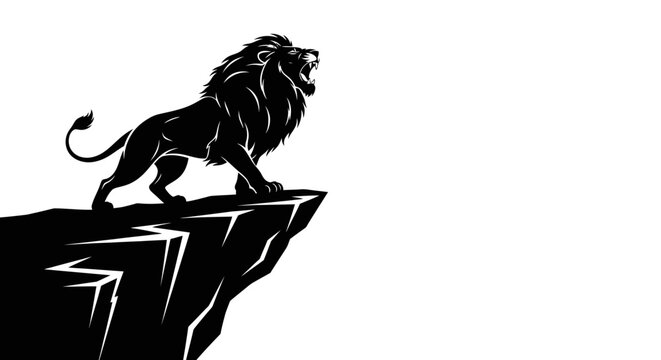Majestic Lion Roaring on Cliff Edge Silhouette.