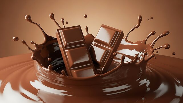 Two delicious chocolate bars creating a dramatic splash in rich molten liquid