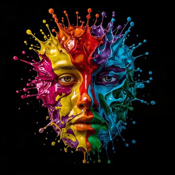 Vibrant paint explosion on human face, creating a colorful and abstract portrait. The artwork showcases a fusion of art, expression, and individuality