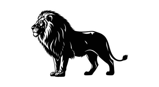 Majestic Lion Silhouette Standing Proudly on White Background.