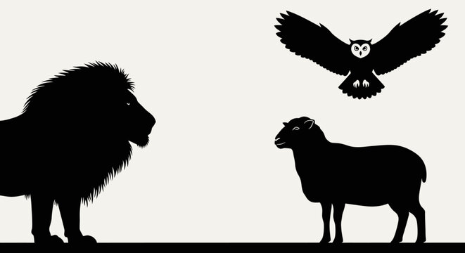 Silhouettes of a majestic lion, a gentle sheep, and a wise owl against a light background.