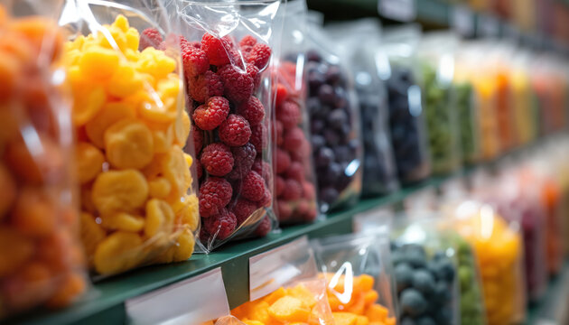 Assorted dried fruits and berries in clear plastic bags displayed on shelves. Colorful healthy snacks packaged for retail sale in a food store or market aisle.