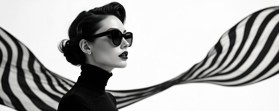 Elegant woman with retro hairstyle and sunglasses wears black turtleneck. Striped fabric flows behind her in monochrome studio portrait evoking vintage fashion and classic style.