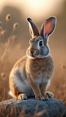Naklejka premium Cute rabbit sits alert on a rock in a dry grassy field during sunset. Soft fur and large ears are visible. Natural light illuminates the small wild animal.