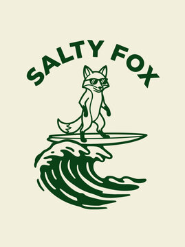 Fox on a surfboard riding wave.