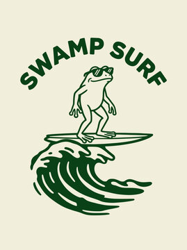 Frog on surfboard riding wave.