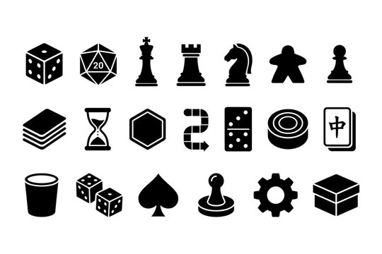 Black icons of games and objects.