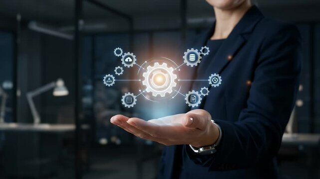 Businessman holding glowing gear icons representing system integration and digital technology management