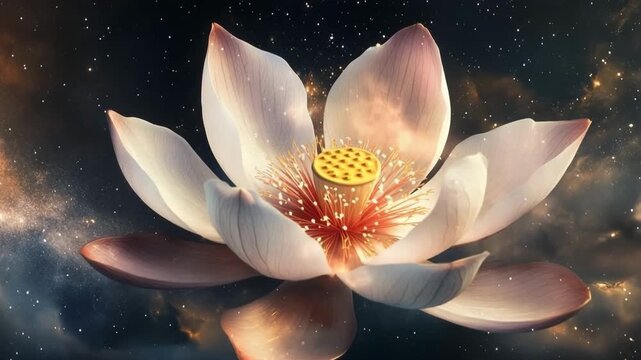 Ethereal flower blooming in a starry cosmic background with shimmering lights and colors