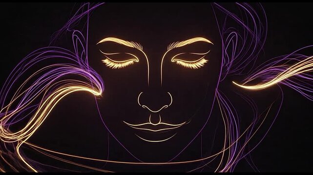 A serene woman's face with closed eyes and flowing hair outlined in neon colors.