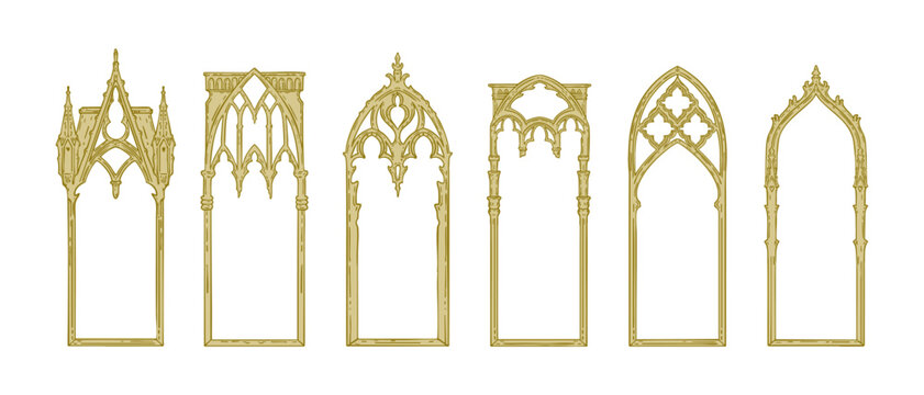 Gothic window frame set, hand drawn medieval cathedral doorway border, vintage church entrance art. Decorative castle portal, ancient architecture exterior design elements. Mystic gothic window print