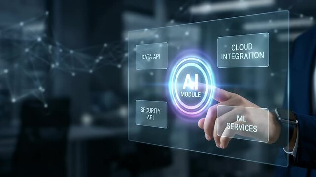 Hand touching AI module interface with cloud integration, data API, security, and ML services icons in digital hologram display