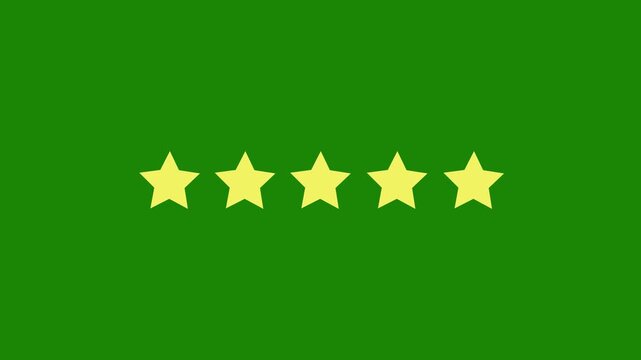 Five star rating icon animated, Animated 5 stars rating. Motion graphics of review concept, 5 star rating, gold rating icon, star review concept, golden star, rating animation on green background, 4k