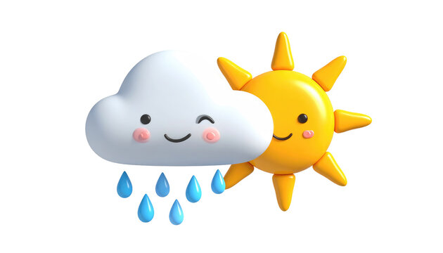 Cheerful, 3D render with a smiling cloud, raining, and a smiling sun together on a black background