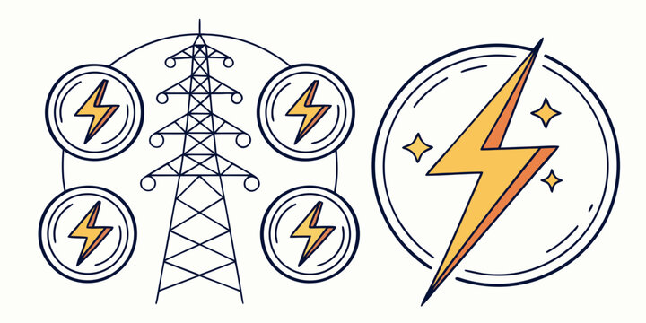 Hand drawn electricity transmission tower with surrounding energy lightning bolt icons and a large sparkling power symbol in a doodle style illustration electricity lightning