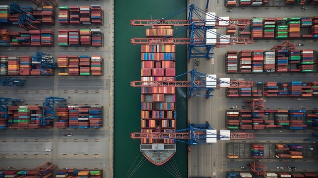 Hyperlapse timelap Aerial top view container cargo ship in import export business commercial trade logistic and transportation, many rows and stacks of container and big container loader ship vessel. 