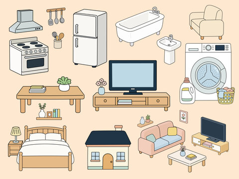 Hand drawn kawaii household items and furniture set with appliances for home interior design and educational worksheets