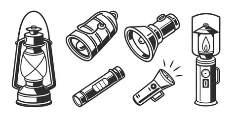 Collection of various portable light sources including vintage oil lanterns and modern flashlights drawn in a monochrome line art style for camping outdoor or emergency themes © NAHID 