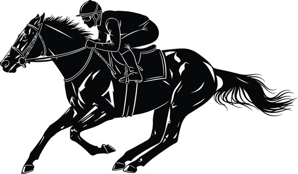 Horse racing silhouette with jockey riding at full speed, dynamic equestrian sport vector illustration isolated on white background, ideal for racing, competition, and athletic design concepts