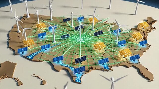 The United States map showcases renewable energy use with a network of green lines and wind turbines to map out sustainable power sources across the country.