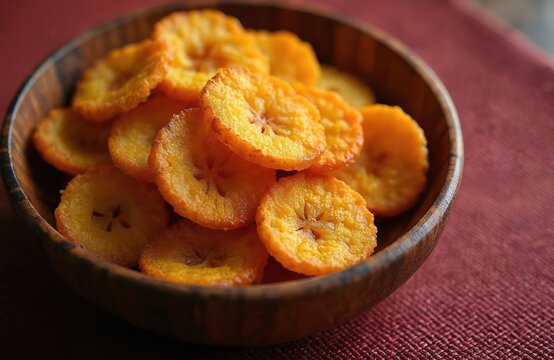 Crispy fried plantain slices served in wooden bowl. Sweet potato like yellow snacks are popular Peruvian chifles appetizer. Delicious homemade chulpe corn fried treats.