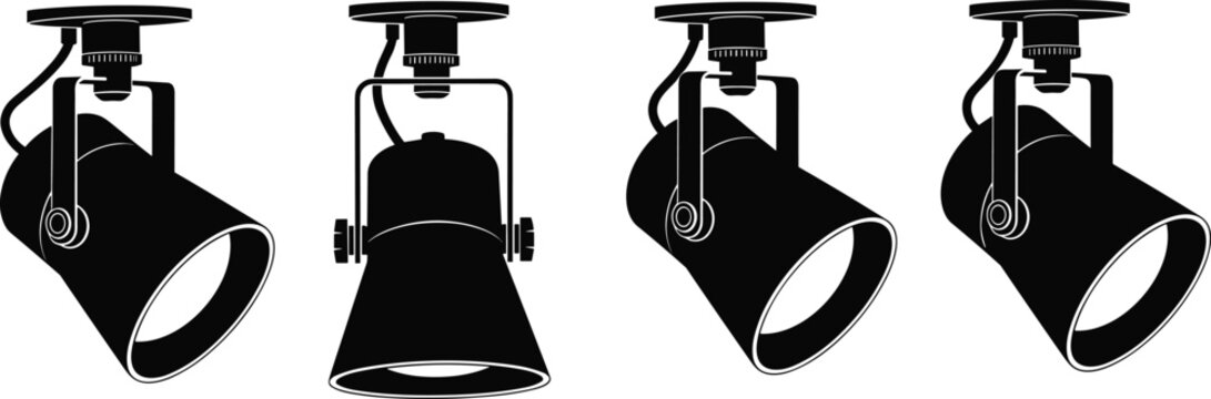 Professional black studio spotlight silhouettes collection set featuring adjustable stage track lights and ceiling mounted theater lamps for event lighting design and commercial photography equipment 