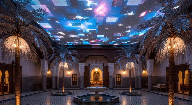 Spectacular interior of the teamlab borderless museum with reflective ceiling