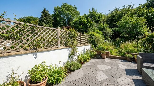 Beautiful residential garden featuring a stylish composite deck and vibrant greenery under a clear blue sky