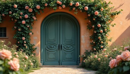 Fototapeta premium Arched green double doors on peach wall entwined with climbing pink roses. Rich garden path with blooming flowers leads to entrance. Romantic dreamy setting perfect for weddings or portraits.