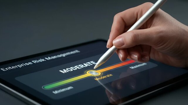 Hand using stylus to adjust risk management slider on digital tablet display