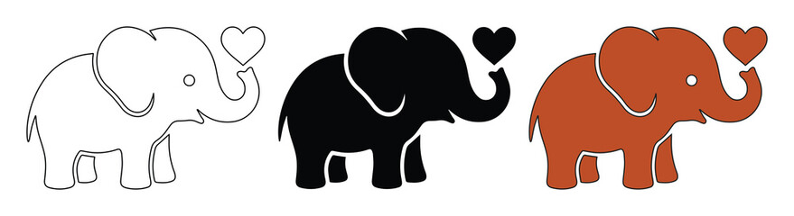 Obraz premium Cute elephant icons with heart, minimalist baby elephant vector set, 3 cartoon elephant silhouettes for nursery decor and logo design