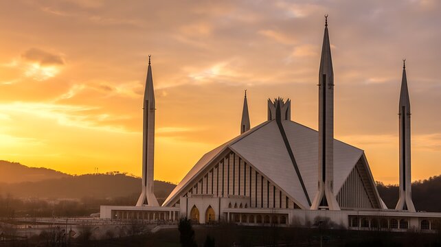 Sunset view of Faisal Mosque in Islamabad, the national mosque of Pakistan