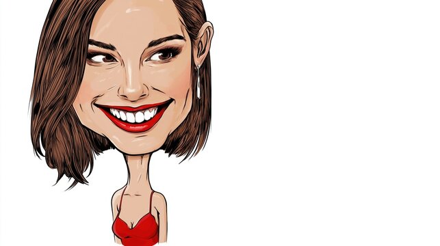 Stock illustration humor and exaggeration through a cartoon portrait The artwork shows a smiling woman with exaggerated facial features wearing a red dress set against a white background editorial.