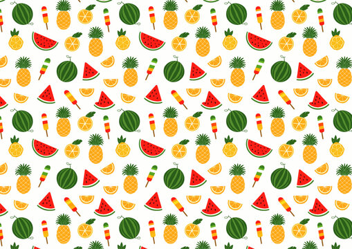 Dise&ntilde;o repetido con frutas tropicales como pi&ntilde;a, sand&iacute;a y c&iacute;tricos.
