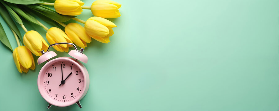 Pink alarm clock rests beside yellow tulips. Spring time changeover begins, clocks advance one hour for daylight saving. Transition to summer time.