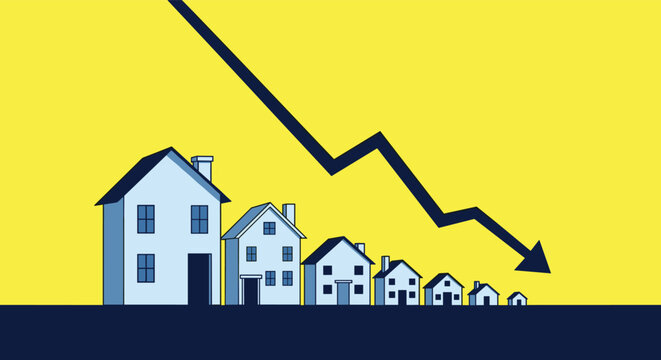 Real estate market decline shown by houses decreasing in size with a downward red arrow on yellow background.