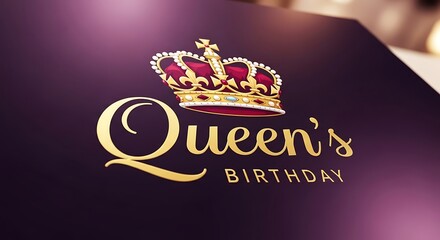 Royal Queen's Birthday greeting card, elegant gold typography with imperial crown on purple background, luxury celebratory invitation design