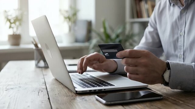 Man entering credit card details on laptop for online payment transaction at desk