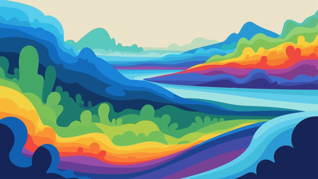 Abstract vibrant landscape with rolling hills and water