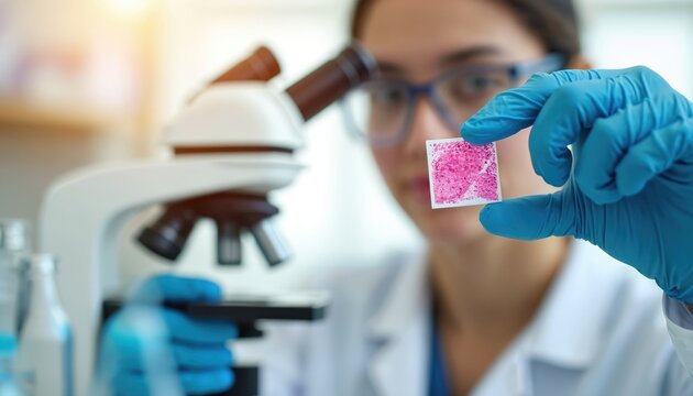 Scientist in blue gloves holds microscope slide with pink tissue sample. Researcher prepares specimen for analysis with laboratory equipment. Focus on medical study.