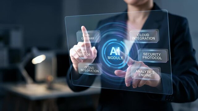 Businesswoman interacting with AI module holographic interface displaying cloud integration, security protocol, and analytics engine