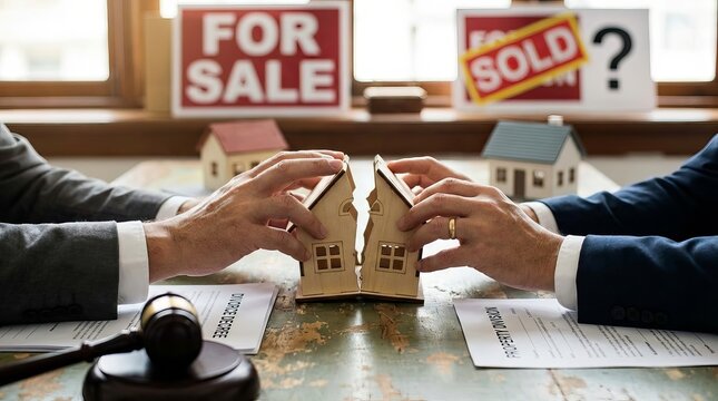 Hands of a couple dividing a broken house model on a table with legal documents representing a difficult divorce and property settlement