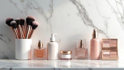 Makeup brushes, cosmetic products like perfume bottles moisturizers, palettes neatly arranged on marble surface. Scene soft lighting, clean elegant aesthetic. Shot suits beauty blogs brand promotions.