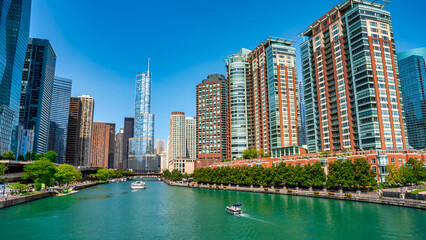 Fototapeta premium Modern skyscrapers along Chicago River on a beautiful summer morning